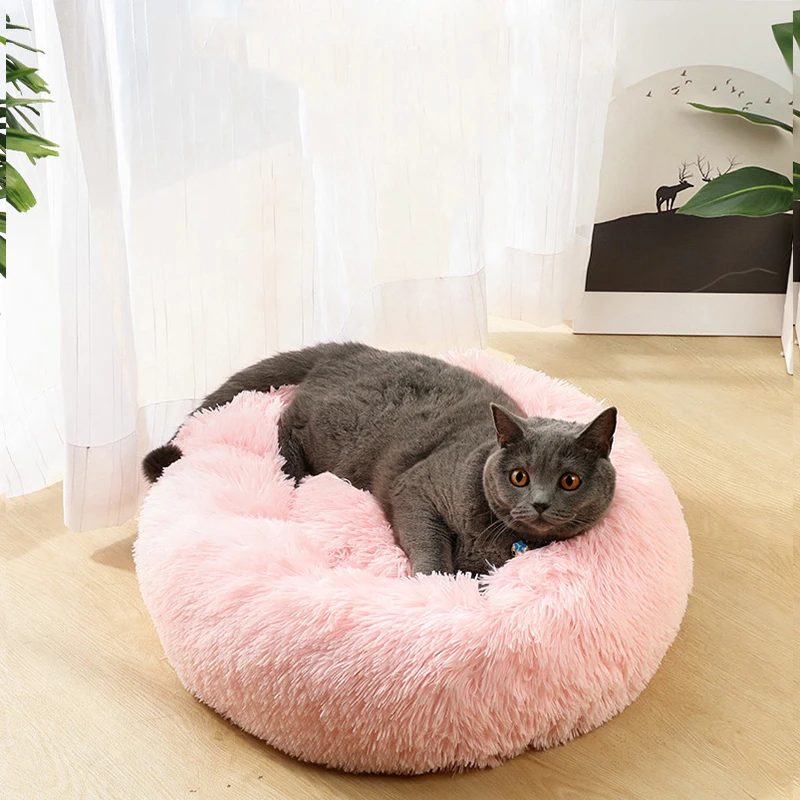 HOOPET круглые плюшевые кошки кровать Дом Мягкая длинная плюшевая кошка кровать круглая собака кровать для маленьких собак кошки гнездо зимняя теплая спальная кровать