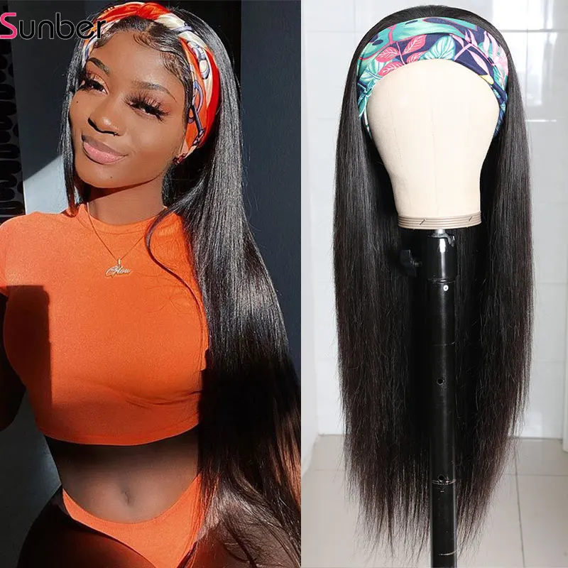 Straight Headband Wig Full Machine 150% density Remy No Glue No Gel Human Hair Wig Brazilian Headband Wigs Sunber