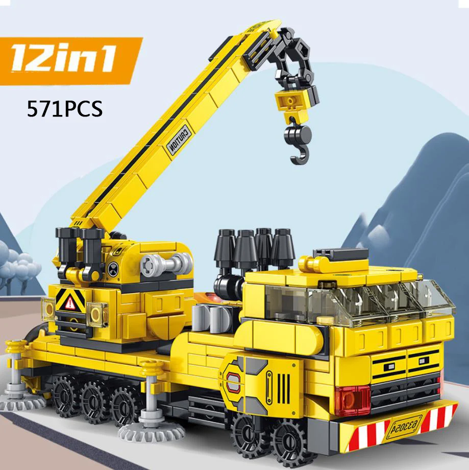 

12in1 City Engineering vehicle Crane build block mini Mixer truck Bulldozer excavator Forklift Roller brick educational toy