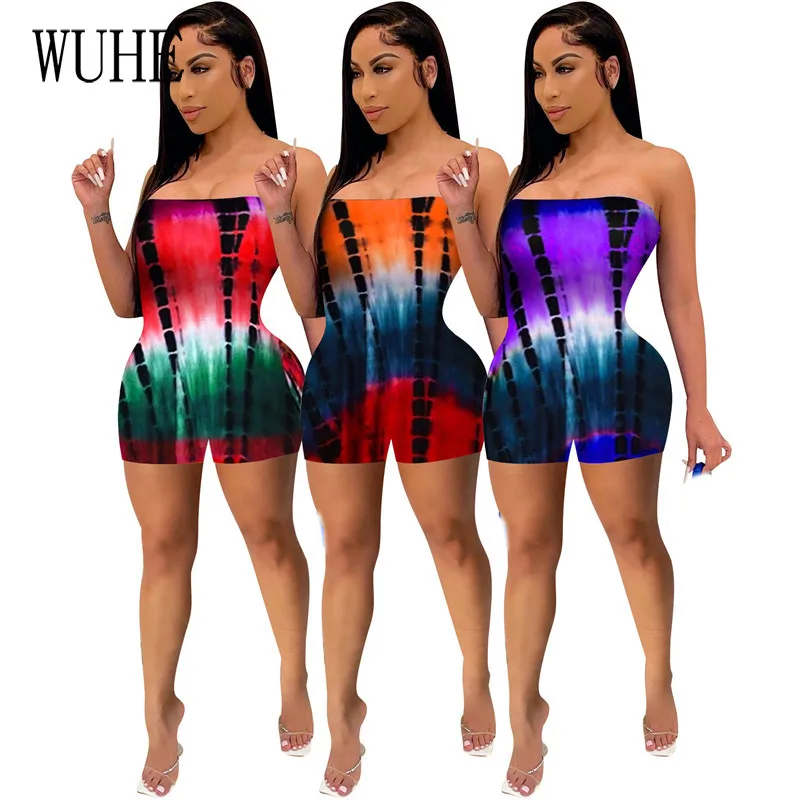 

KEXU Breast Wrap Tie Dye Print Rompers Off Shoulder Sleeveless Hollow Out Package Hip Skinny Nightclub Party Streetwear Overalls