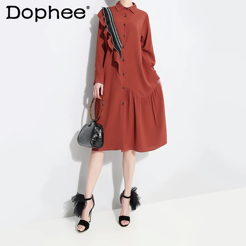 

Женское приталенное платье-рубашка средней длины, в корейском ретро-стиле, с длинным рукавом и оборками