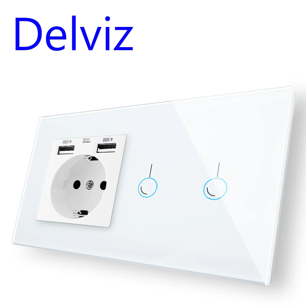 

Delviz EU Standard Touch Switch, 2Gang 1Way Control, Crystal Glass Panel, Dual USB Port, Wall Light Switch, 16A usb power Socket