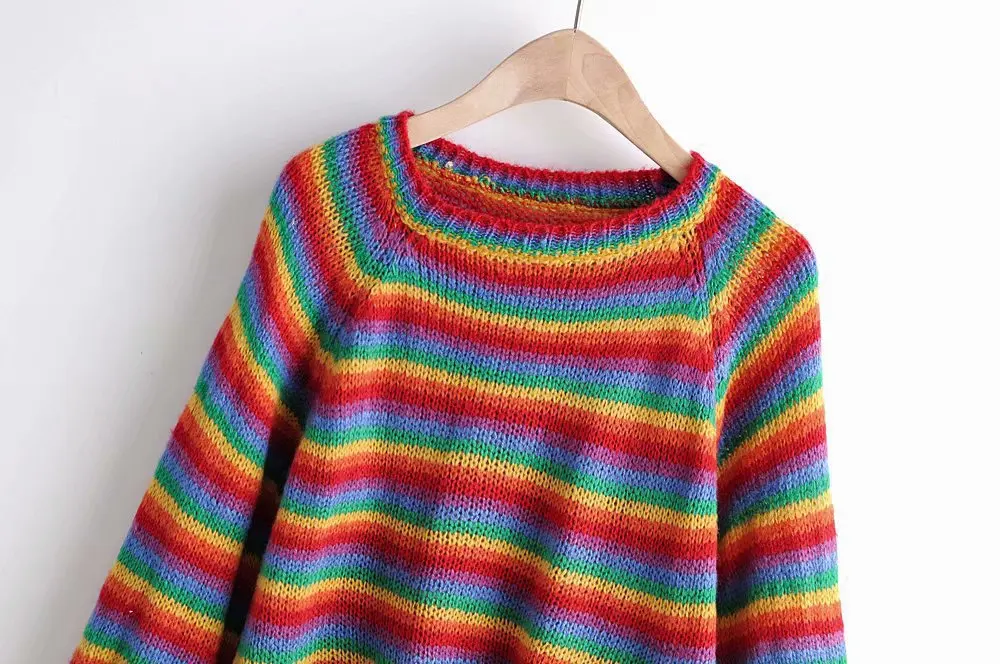 Женский Цветной полосатый Радужный свитер с длинными рукавами круглый воротник