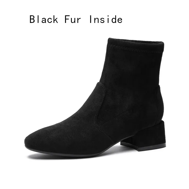 Black Fur Botas mujer invierno; коллекция года; женские зимние ботильоны на меху; женские ботинки на высоком каблуке; однотонная женская обувь; цвет синий, черный - Цвет: Black Fur