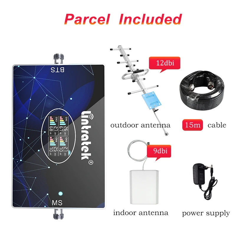 

Lintratek Four 4 Band Booster B20 800 900 1800 2100 2600 Cellular Signal Amplifier 2G 3G 4G 4G LTE GSM Repeater Yagi Antenna Set