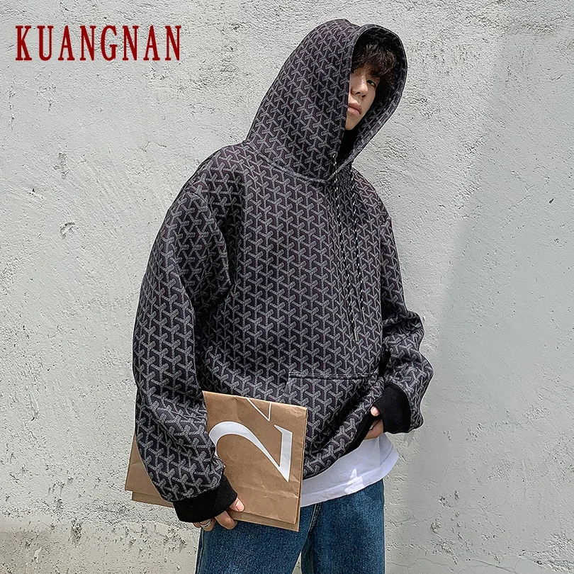 KUANGNAN Argyle Толстовка для мужчин Японская уличная Мужская s толстовки хип-хоп