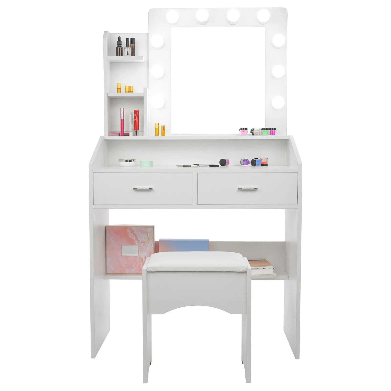 

Vanity Table Set with Lighted Mirror & Stool Makeup Dressing Table Dresser Desk with 2 Drawers 3 Shelves & 10 LED Light Bulbs