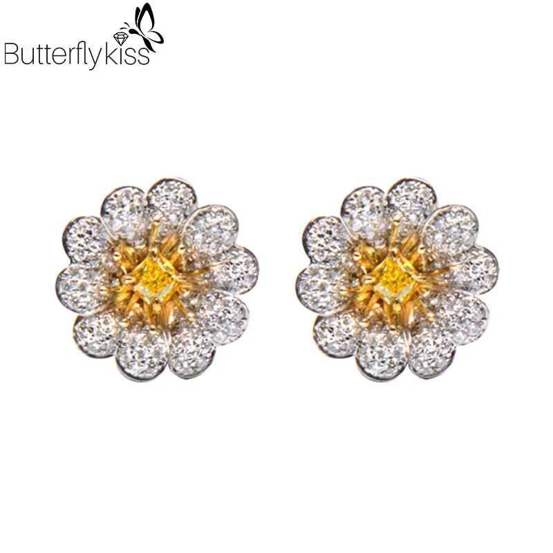 

BK 18k White Gold Stud Earrings For Women Vs D Color Moissanite Yellow Diamond 3g Genuine Gold 585 Wedding Party Jewelry Gifts