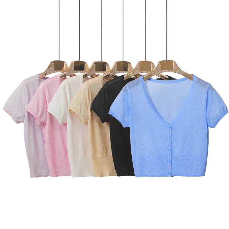 

10 Colors Women Knitted Cardigan Coat Summer V neck Short Sleeve Solid Casual Thin Short Cardigan Female Tops Black White Blue