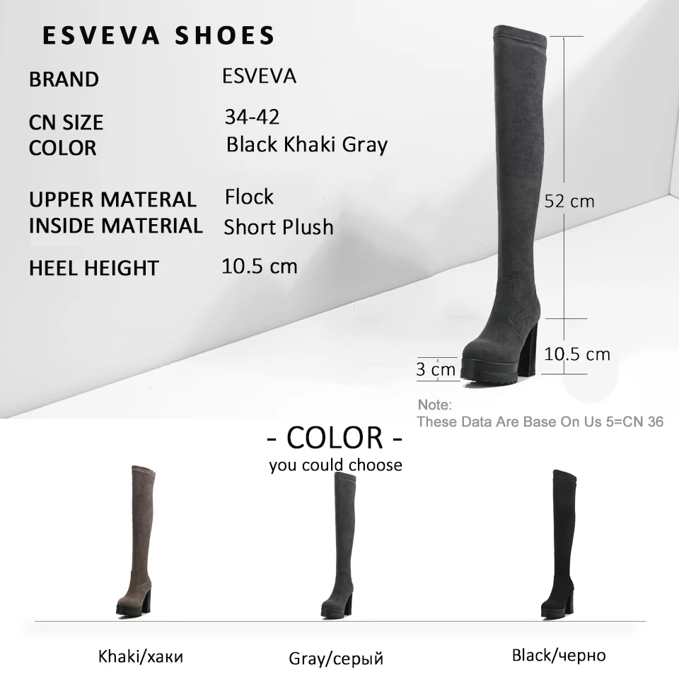 

ESVEVA 2020 Women Shoes Short Plush Slip on Over The Knee Boots Platform Boots for Woman Round Toe Square High Heels Size 34-42