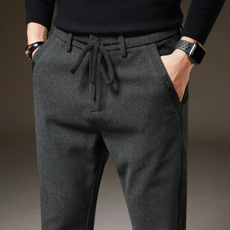 

Мужские Зимние флисовые Теплые повседневные брюки классический стиль Толстые хлопковые прямые брюки Мужская брендовая одежда