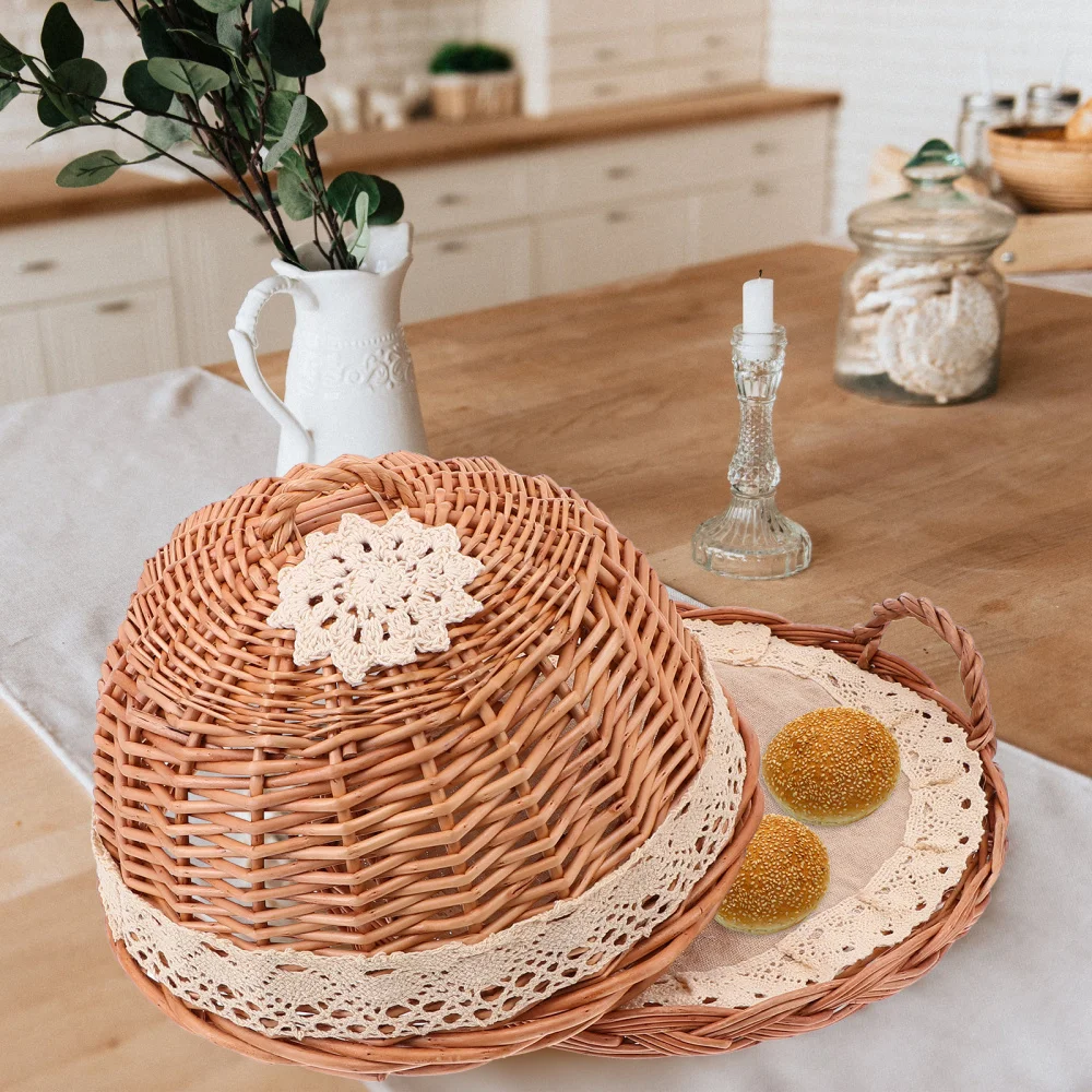 

1 Set of Household Food Tray with Cover Hand-woven Food Cover Kitchenware