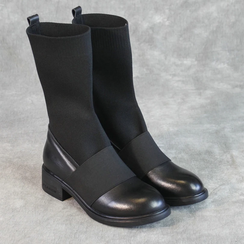 Женские ботинки из натуральной кожи черные до щиколотки вязаные сшитые каблуки