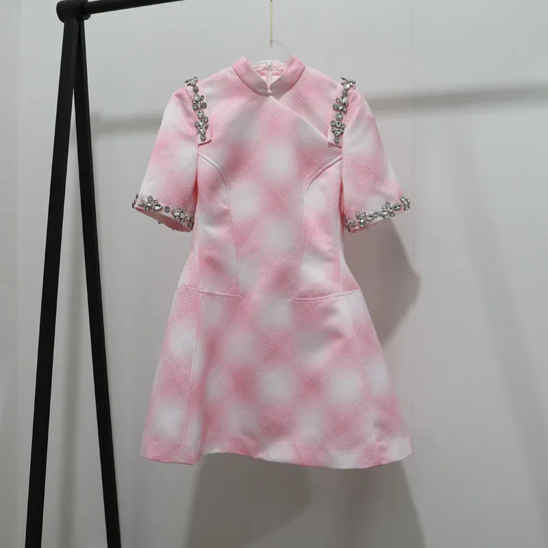

Four color girl's 2021 new cheongsam with plaid pattern and short sleeves dress with diamond waist