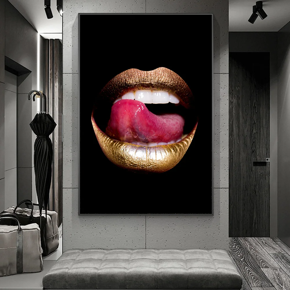 

Golden Sexy Lips Canvas Posters and Prints Black Woman Art Paintings on the Wall Decorative Pictures For Living Room Cuadros