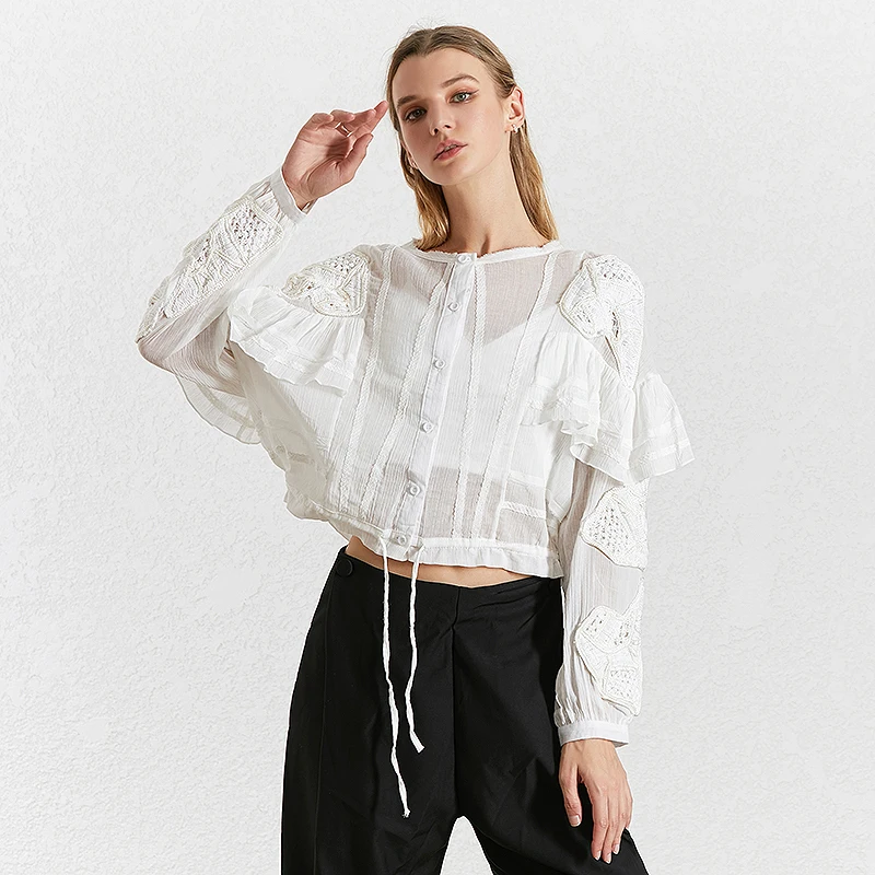 TWOTWINSTYLE Ruffle Hollow Shirts For Women O Neck Perspective Bowknot Lace Up Shirt Blouse Female Autumn Fashion New