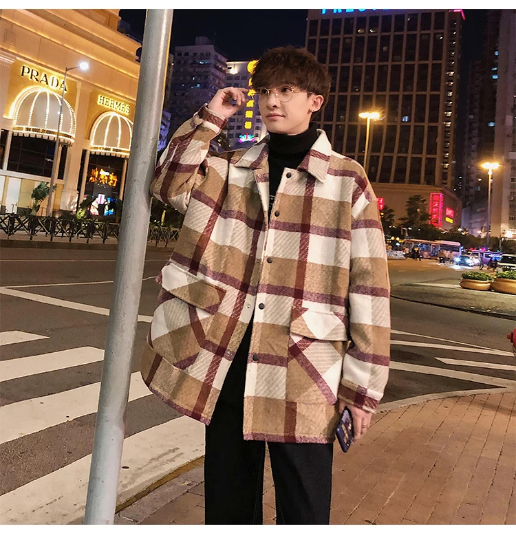 Fashion Mens woolen coat Red Khaki Loose plaid jacket Autumn Spring Winter