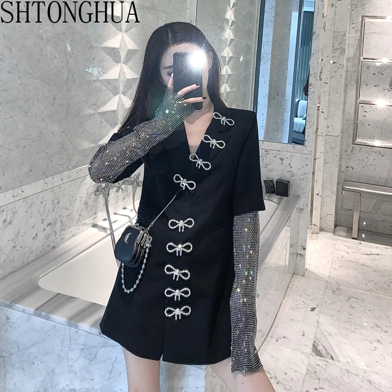 Женское длинное пальто с бантом Свободное составного кроя длинными рукавами и