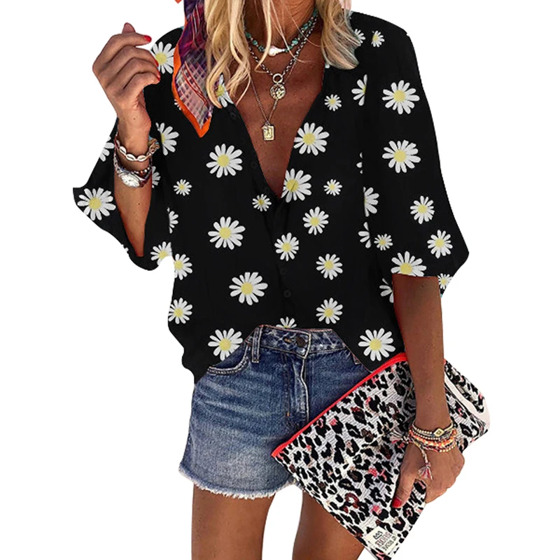 

Summer Shirt women Floral Print Single Breasted Short Sleeve Tops Oversized Office lady Work Wear Casual Streetwear Blouses