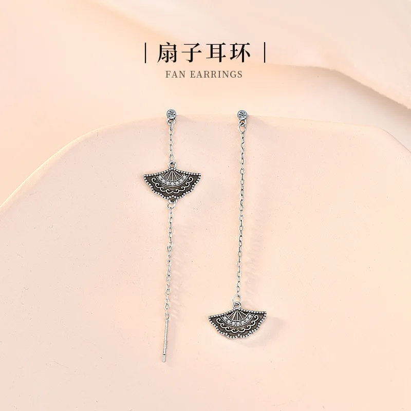 

Real 100% 925 sterling silver Jewelry women Tassel long fan drop Earrings Chinese style High Quality Fashion Pop Hook Earrings