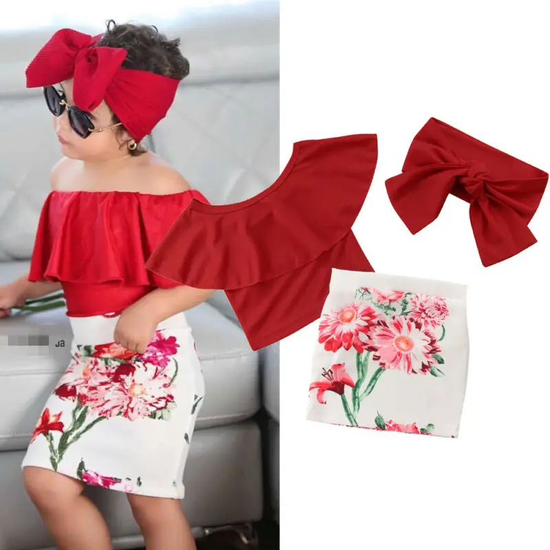 Модные детские топы с открытыми плечами для маленьких девочек юбка цветочным