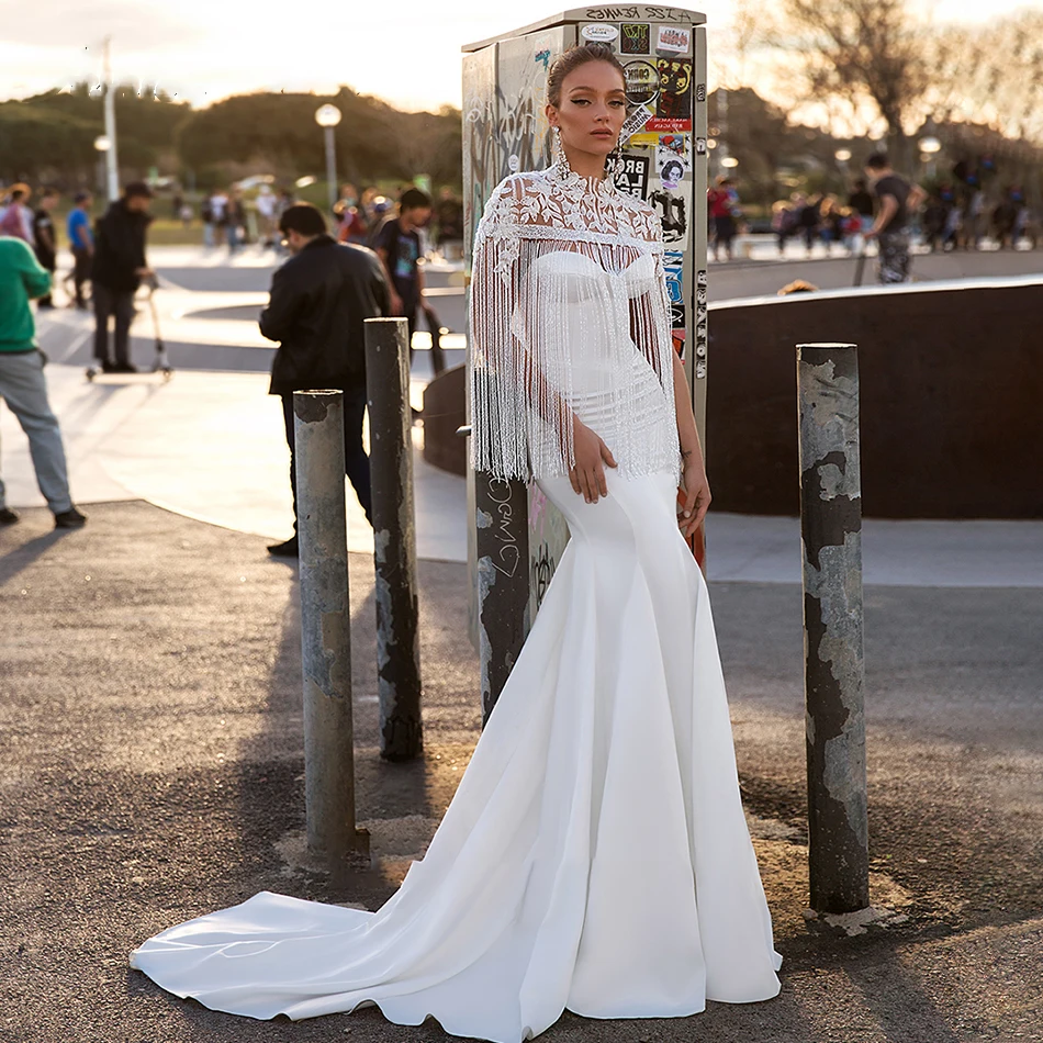 

BAZIIINGAAA роскошное свадебное платье с кисточками и аппликацией, водолазка без рукавов, свадебное атласное свадебное платье для невесты, индив...