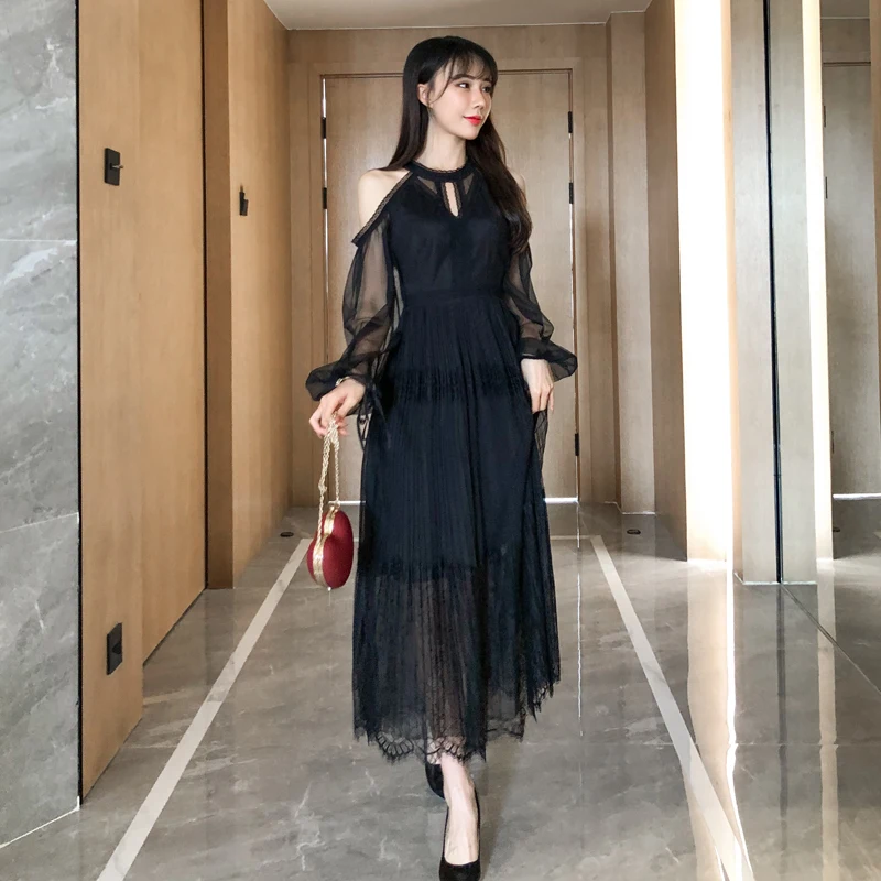 Женское платье с длинным рукавом кружевное v-образным вырезом интеллектуальное