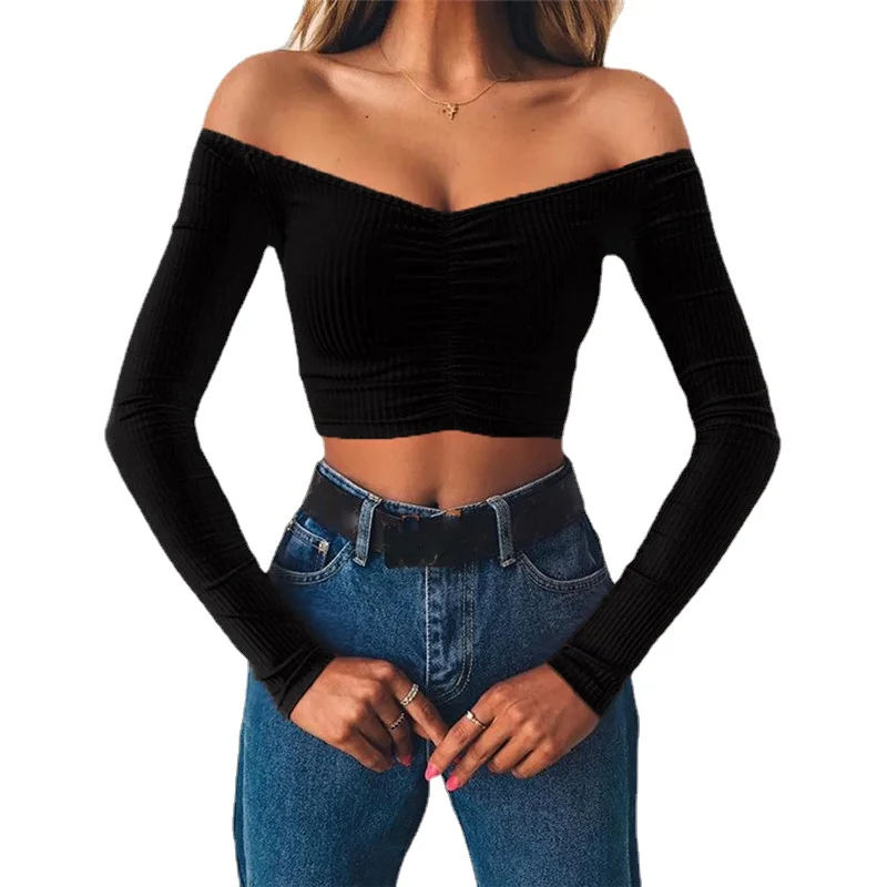 

women T-shirts sexy and club fashion female T-shirt long sleeve off shoulder solid color lady Tshirt autumn basic tees