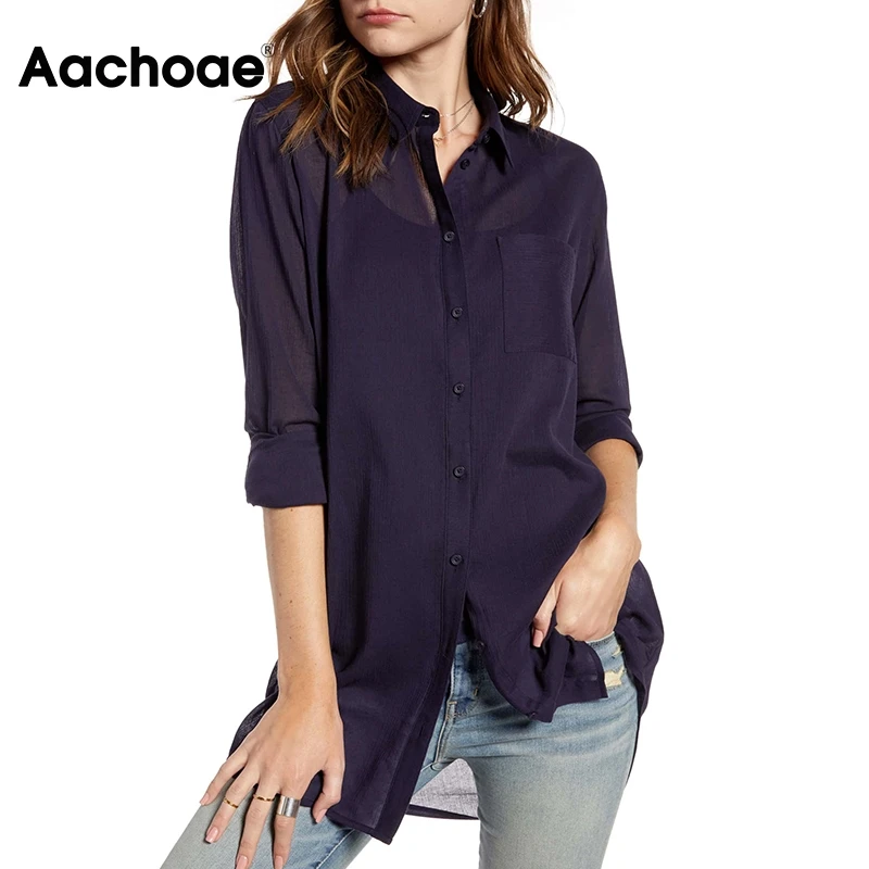 

Aachoae Long Sleeve Casual Loose Shirt Women Turn Down Collar Office Blouse With Pocket Solid Color Ladies Tops Blusa Mujer 2021