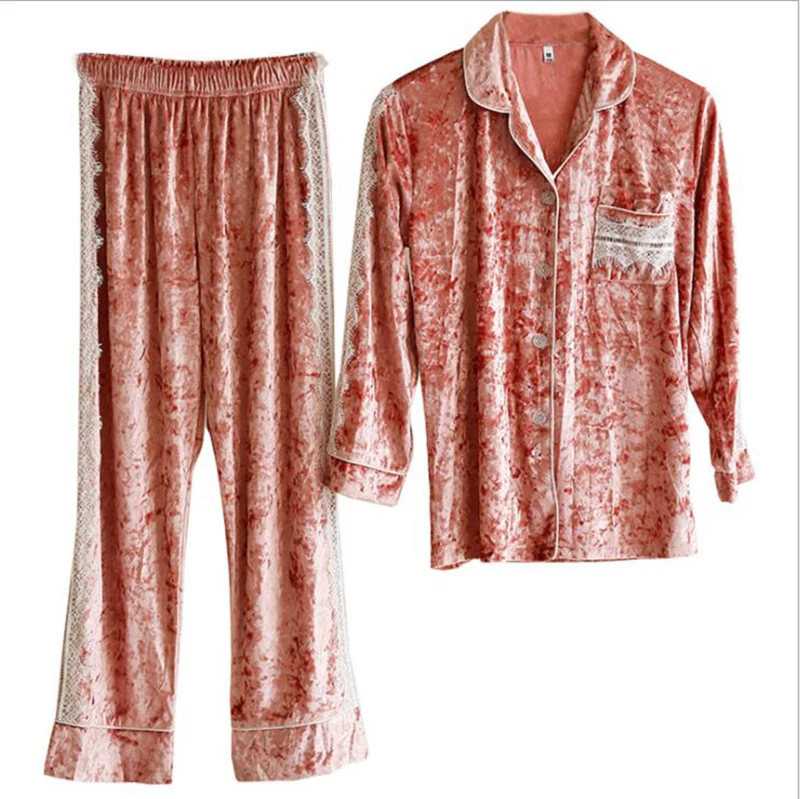 Зимний пижамный комплект женская теплая одежда для сна темно-золотые бархатные