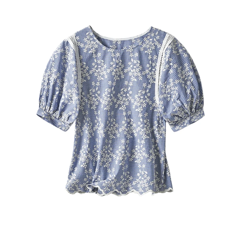 

Shuchan Blusa Feminina 100% Cotton Vintage Plaid Embroidery Puff Sleeve O-Neck Single-piece Set Blouses Women Blouses