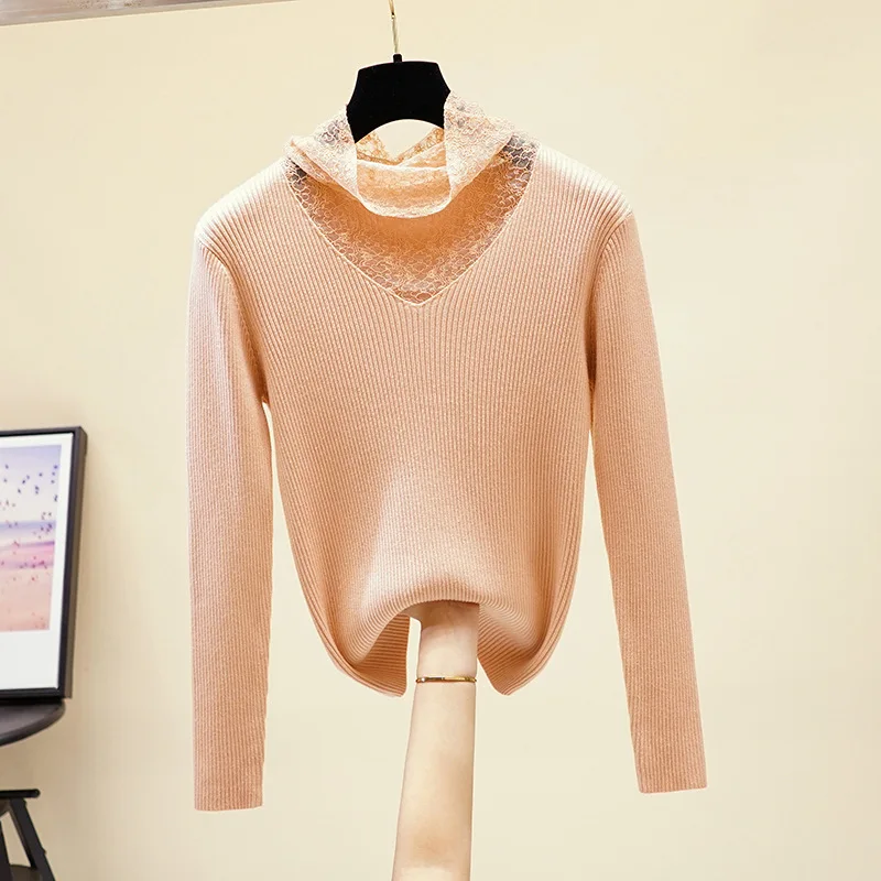 HLBCBG кружевной свитер Женский Зимний пуловер топ толстый v-образный вырез мягкий