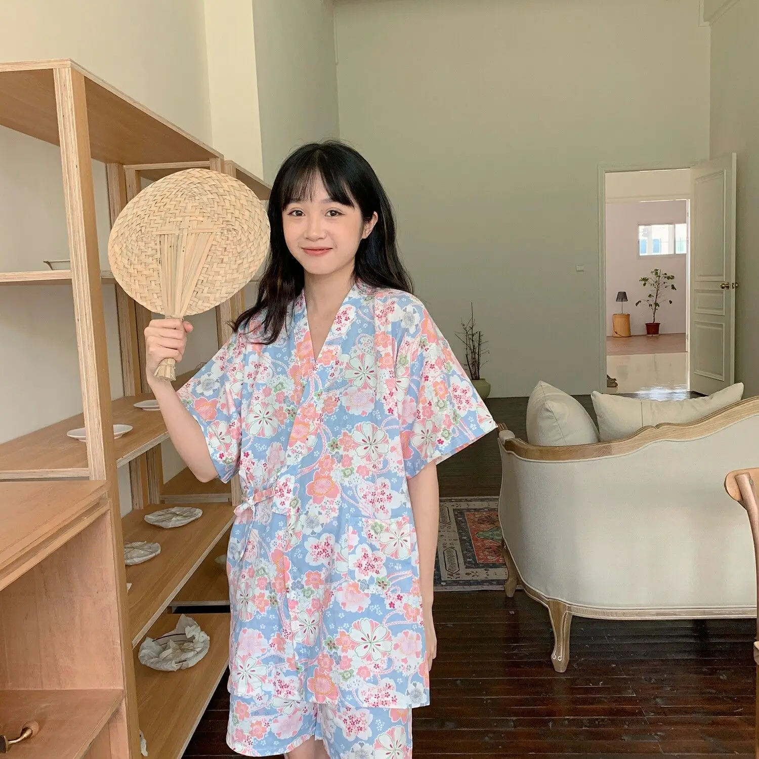 QWEEK Kimono Women Girls Kawaii Room Wear Summer 2021 Pajamas Floral Print Pyjamas Short Sleeve Pijamas Two Piece Set Nightwear