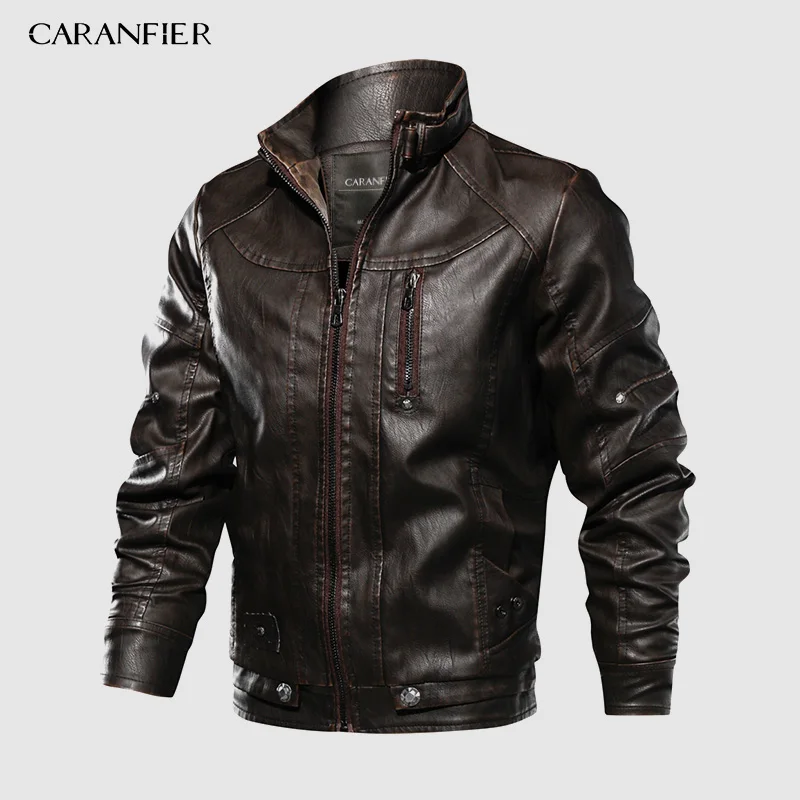 Бренд CARANFIER, тактическая куртка из искусственной кожи, мужская, европейский размер, S-XXL, стоячий воротник, мотоциклетная кожаная куртка, мужские пальто, Прямая поставка