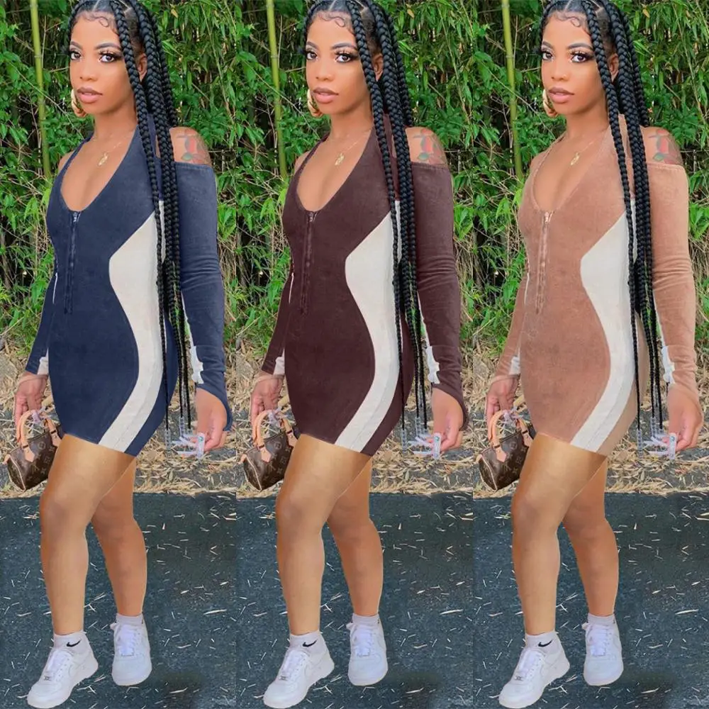 

Fall 2020 new sexy solid color nightclub dress fashion slim fit V-Neck long sleeve women's T-shirt short skirt