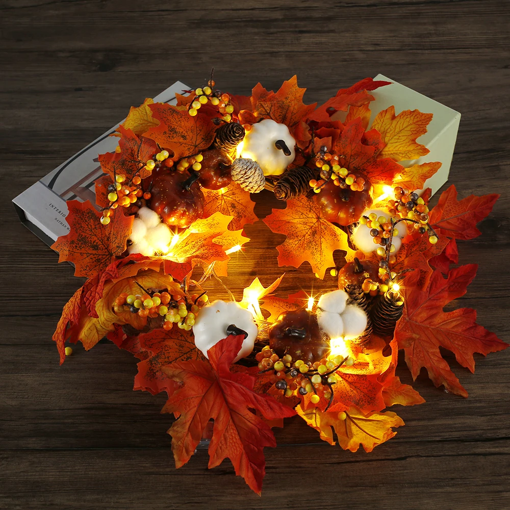 

Осенняя Тема двери, венок, украшение гирлянда День благодарения, окна, ресторана, дома, кленовый лист, декор для двери, 45 см