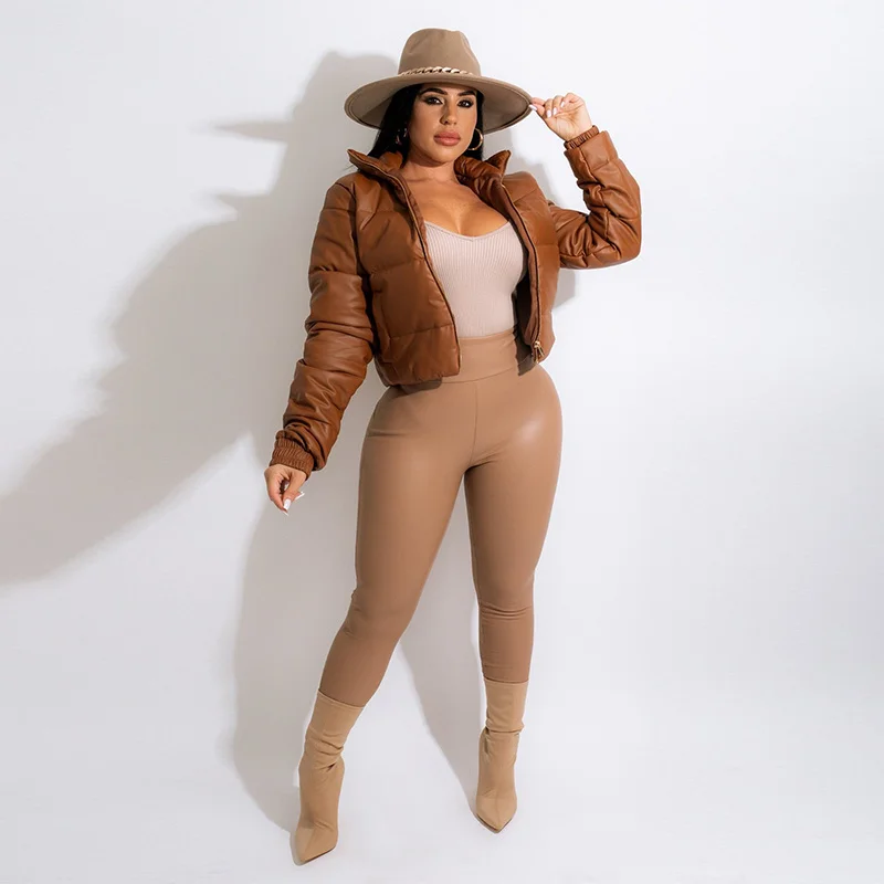 Hipster PU Puffer Down Women's Winter Jacket Warm Full Sleeve Bubble Coats Leather Parkas Casual Cropped Outerwear Women Clothes