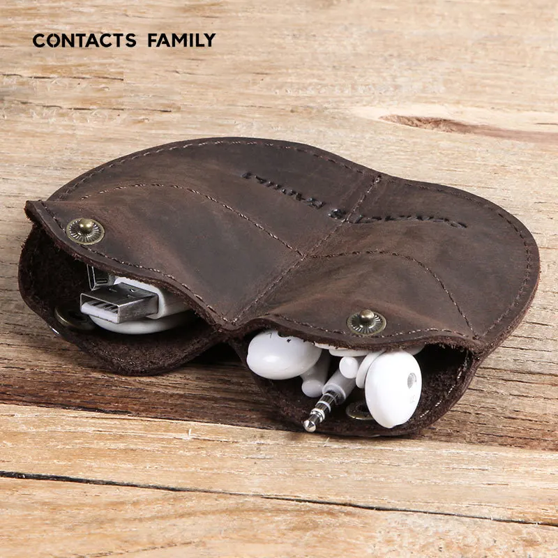 

Genuine Leather Retro Headphone Storage Box Pure Leather Coin Bag Portable Earphone Data Cable Winder
