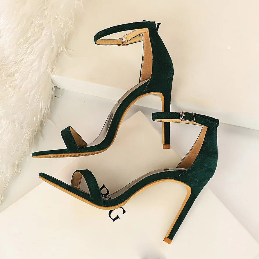 

2021 Women 10cm High Heels Flock Stripper Sandals Female Fetish Strappy Red Shoes Lady Valentine Green Summer Classic Sexy Pumps