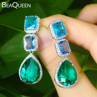 beaqueen chic blue green cubic zircon crystal dangle earrings for women water drop square cz wedding jewelry accessories e398