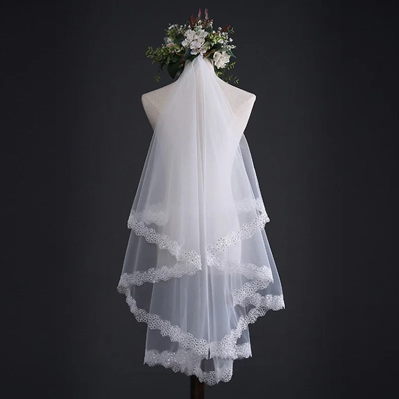 

1.5M Short Bride Veil Long Ivory Lace Veil Sequins Edge Bridal Veil With 3m Long Veil Cathedral Wedding Veil Accessorie Marriage