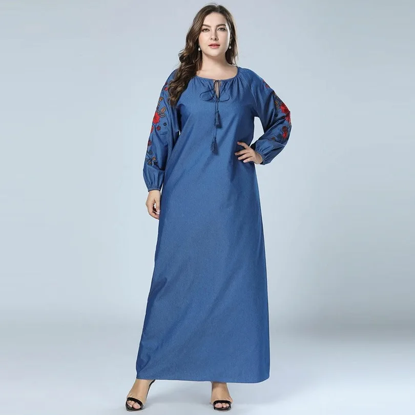 Плюс Размеры осень вышивка Абая для мусульман Джинсовое платье одежда из Дубая с