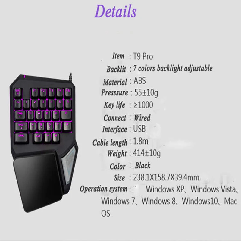 Delux T9 игровая клавиатура эргономичная с одной рукой 29 клавиш подсветкой RGB ПК