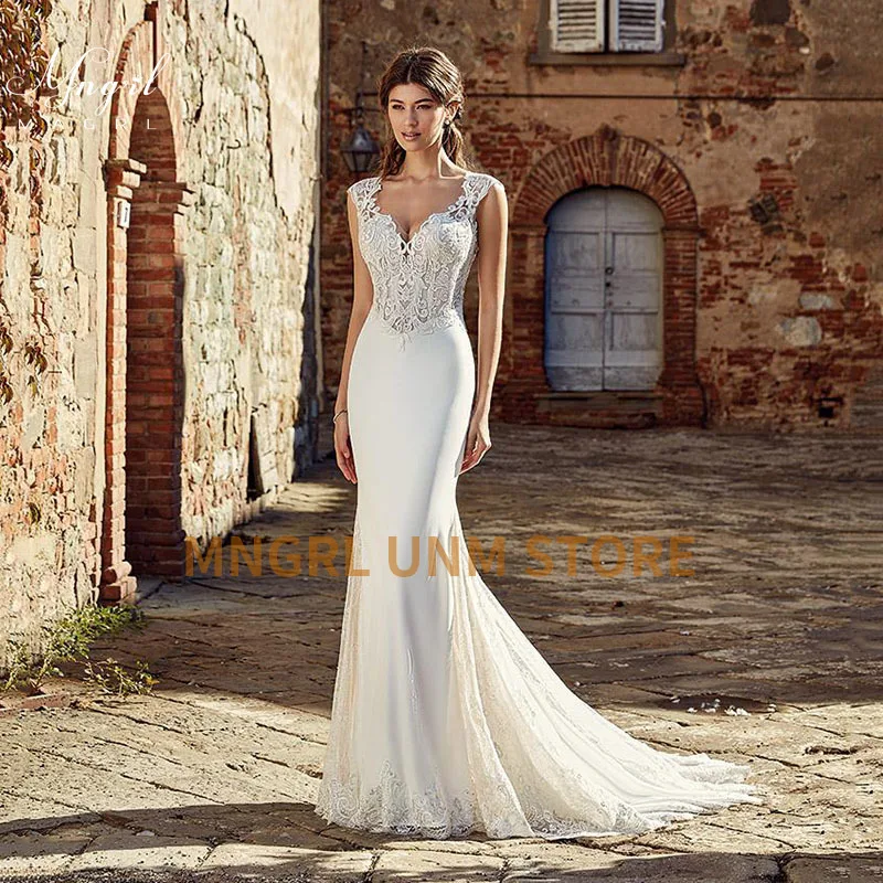 

MNGRL V-neck Simple Retro 3D Flower White Chiffon Sleeveless Bridal Dresses Tail Wedding Dress Wedding Gown