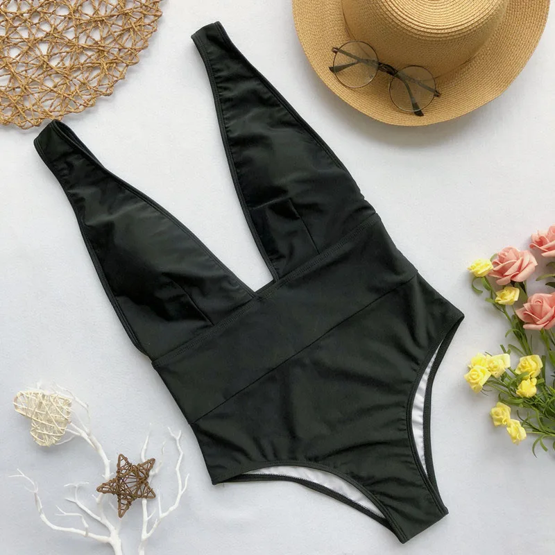 

High Cut Swimwear Women 2020 Sexy Deep V Solid One Piece Swimsuit Female High Waist Summer Bathing Suit Swim Suit Monokini 3821