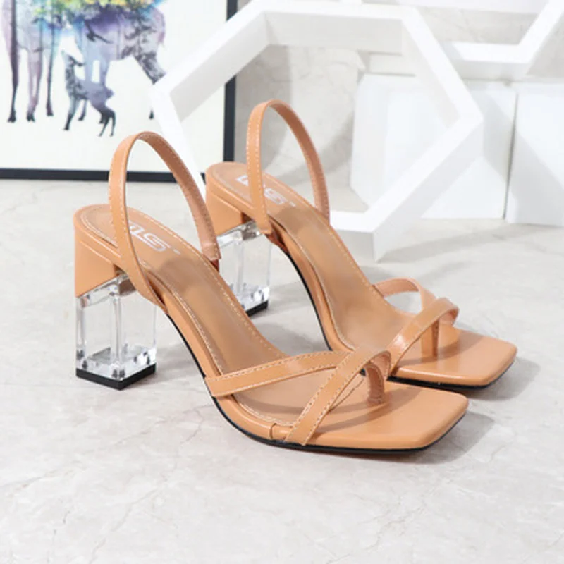 

2021 New Summer Women Fashion Transparent Sandals Ladies Ankle Buckle Strap Flip Flops Female Square Toe Stiletto Heel Shoes