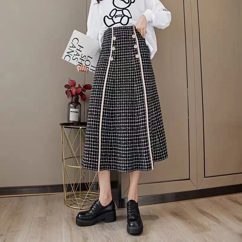 

Elegant Trumpet Midi Faldas Mujer Autumn Winter All Match Skirt Women Vintage High Elastic Waist Plaid Woman Skirts