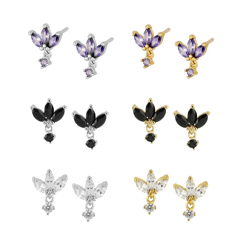 

Exquisite Crystal Flower Stud Earrings for Women 925 Sterling Silver Earrings for Girls Black Purple Zircon Jewelry Females Gift