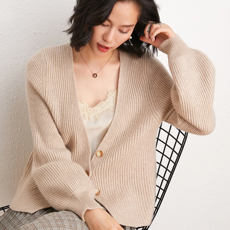 

Autumn Winter New 100% Cashmere Soft Single Breasted Cardigan V-Collar Sweaters Fashion Comfortable High Elasticity Oversized