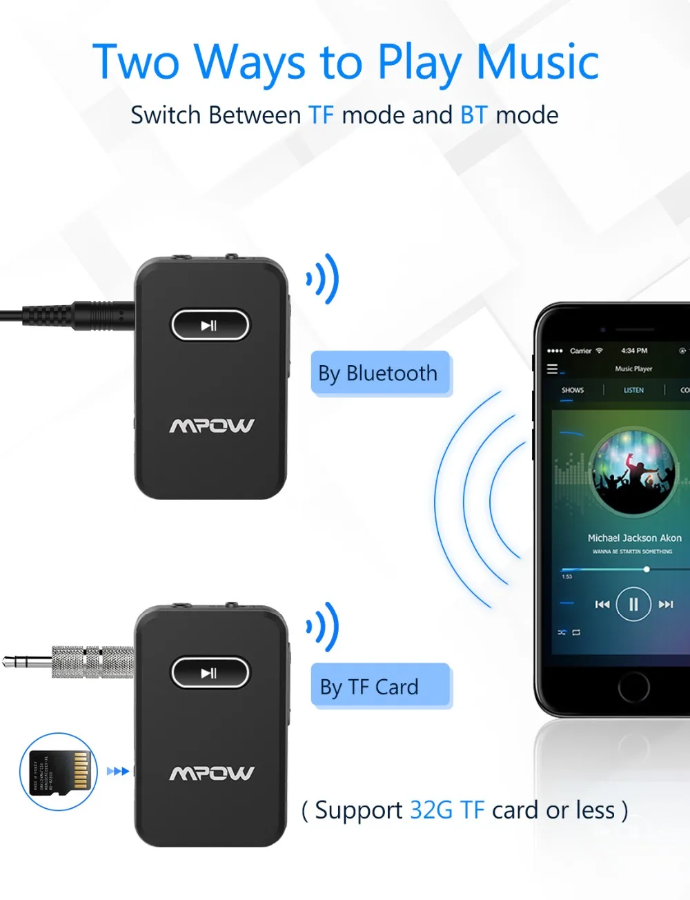 Mpow BH182 Bluetooth 4,0 приемник адаптер Поддержка TF карты макс 32 г 8 часов в режиме ожидания с микрофоном для автомобиля стерео системы динамик наушники